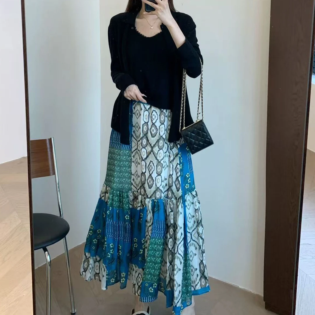 宝丫轻奢  T女式复古优雅图案印花高腰A字褶皱半身裙K2909