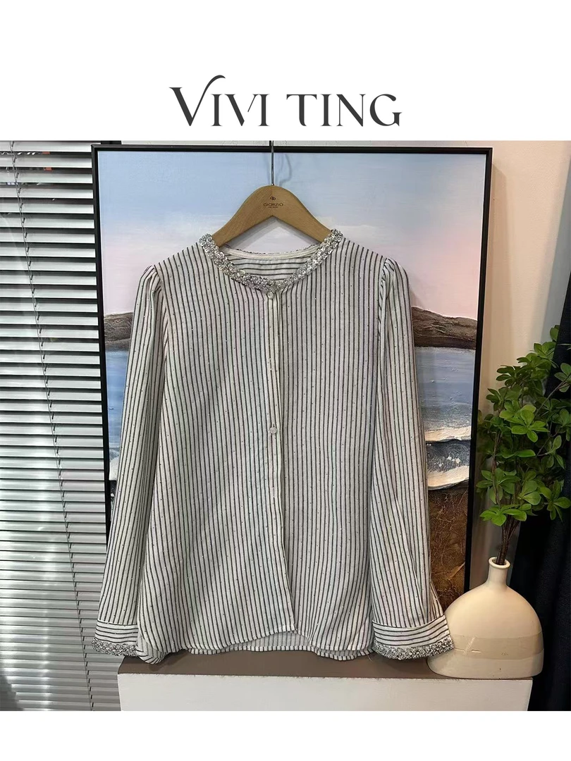 【VIVI·TING】婷姐推荐春装法式时尚亮片钉珠领满天星烫钻衬衣s17