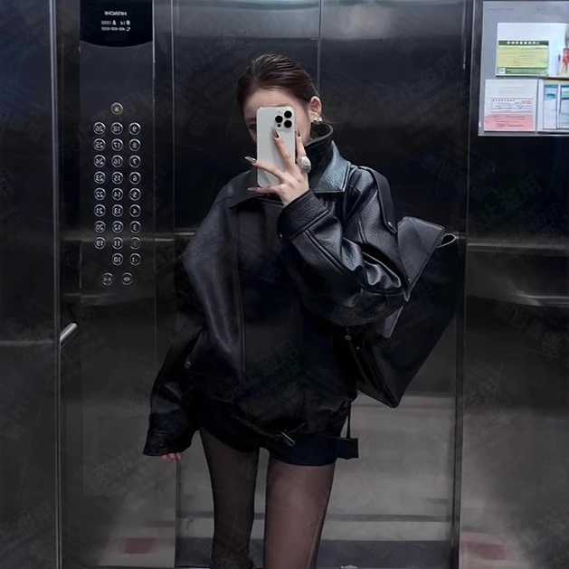 黑色皮衣外套女2025秋冬新款皮夹克酷飒风小个子爆款机车复古宽松