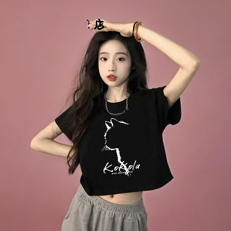 黑色短款T恤短袖2025新款女夏季美式正肩猫咪露脐热辣上衣INS小众