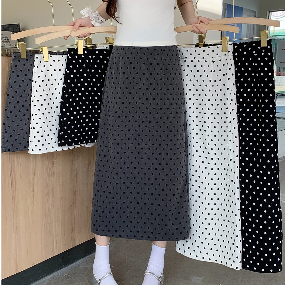 洋开心高腰圆点休闲风轻职风半身裙裙子时尚开叉A字春夏中长裙