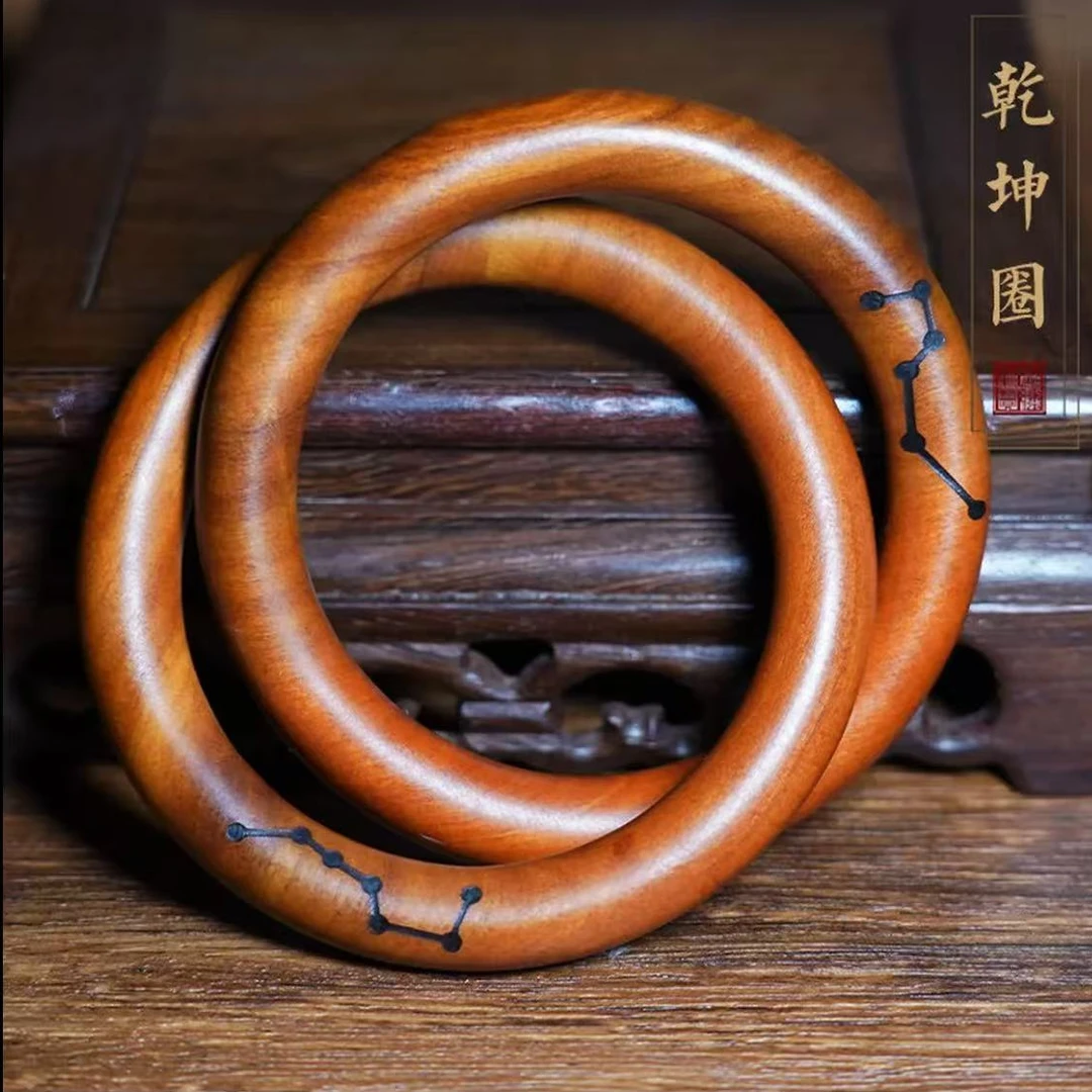 天然桃木乾坤圈桃木纯手工雕刻一体成型迷你阴阳环吊坠工艺品