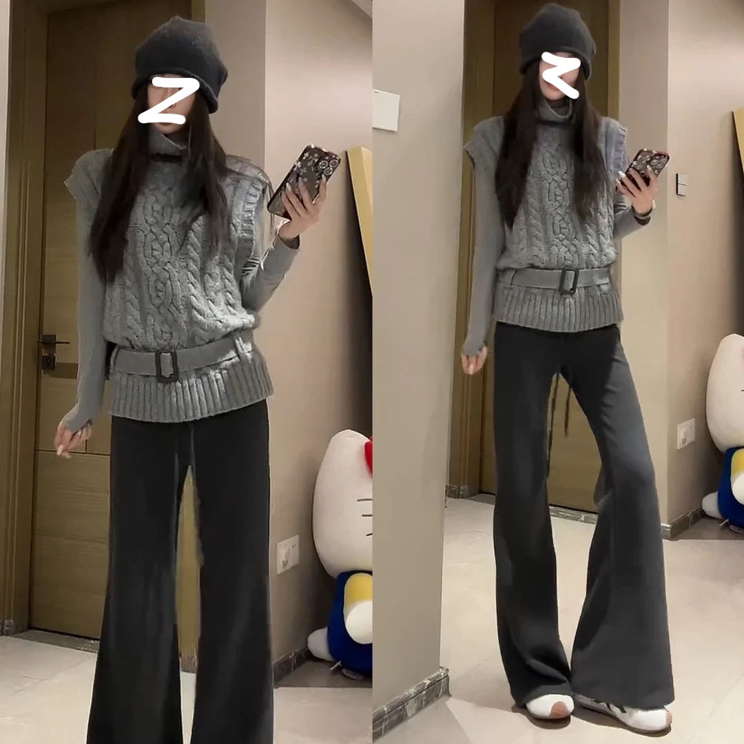 粗针编织高领腰带毛衣克什米尔打底衫薄绒微喇裤韩系套装女X11431