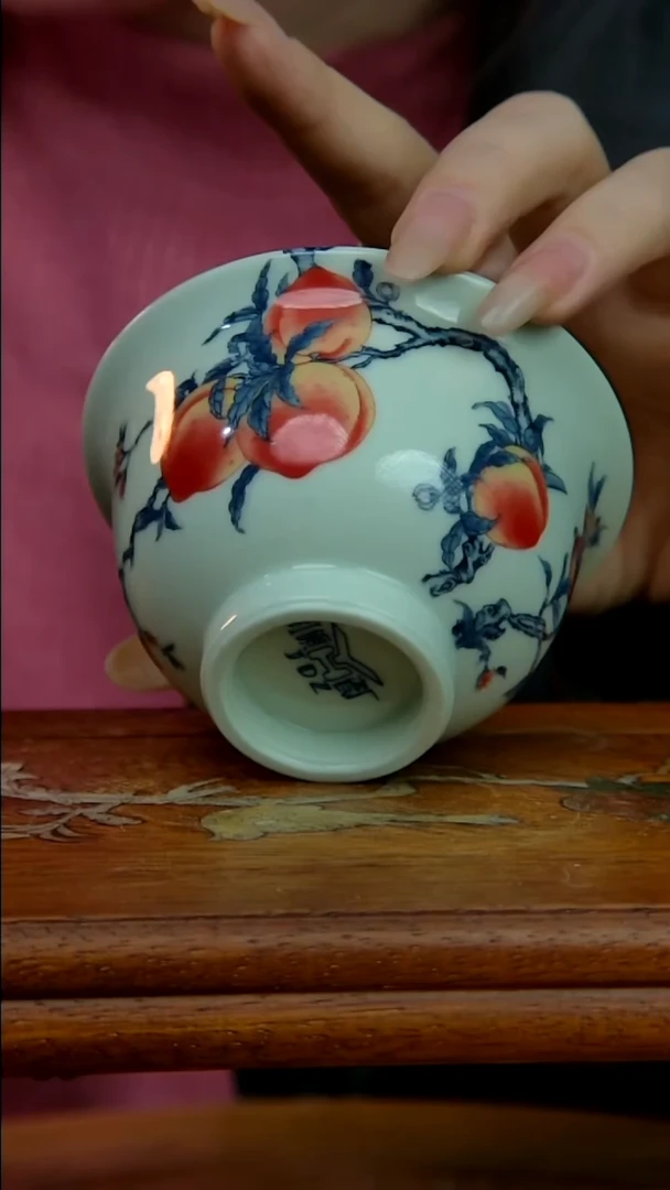 摆件陶绿稀土寿桃压手杯