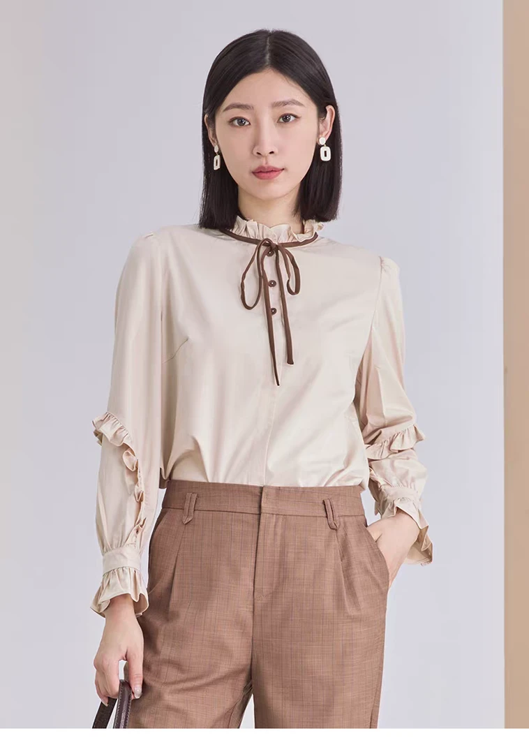 32198杨门法式杏色衬衫女秋新款小众设计感圆领上衣秋装荷叶领