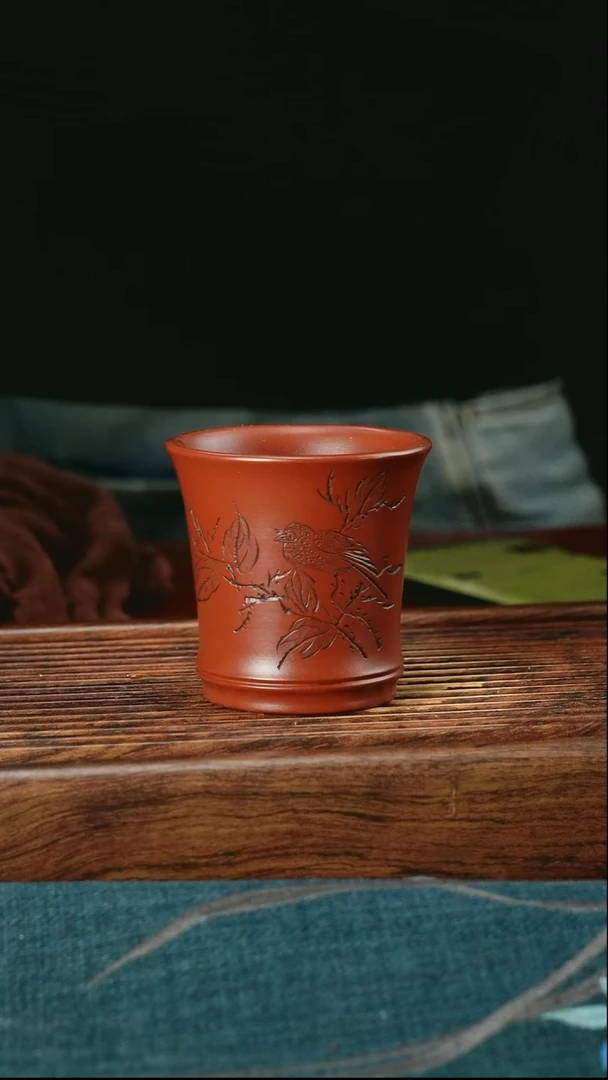 茶杯紫砂竹节花鸟