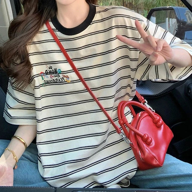 条纹短袖t恤女2025新款夏季美式刺绣设计感小众潮牌休闲宽松上衣