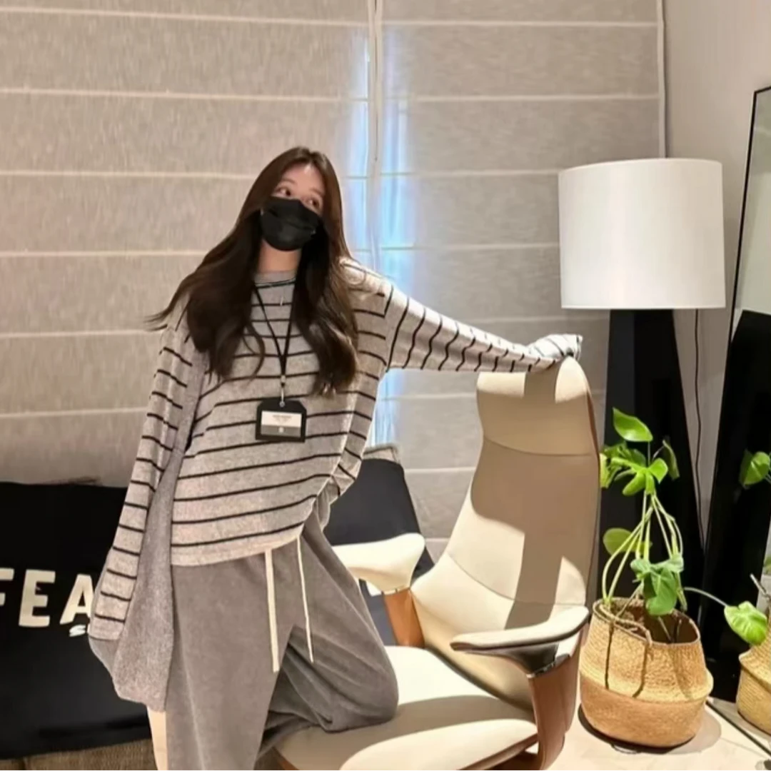 2025新款韩版条纹磨毛长袖T恤慵懒宽松显瘦百搭圆领打底衫