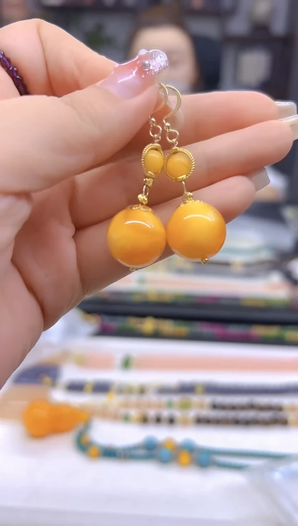 14K金镶嵌蜜蜡耳饰DIY款E496