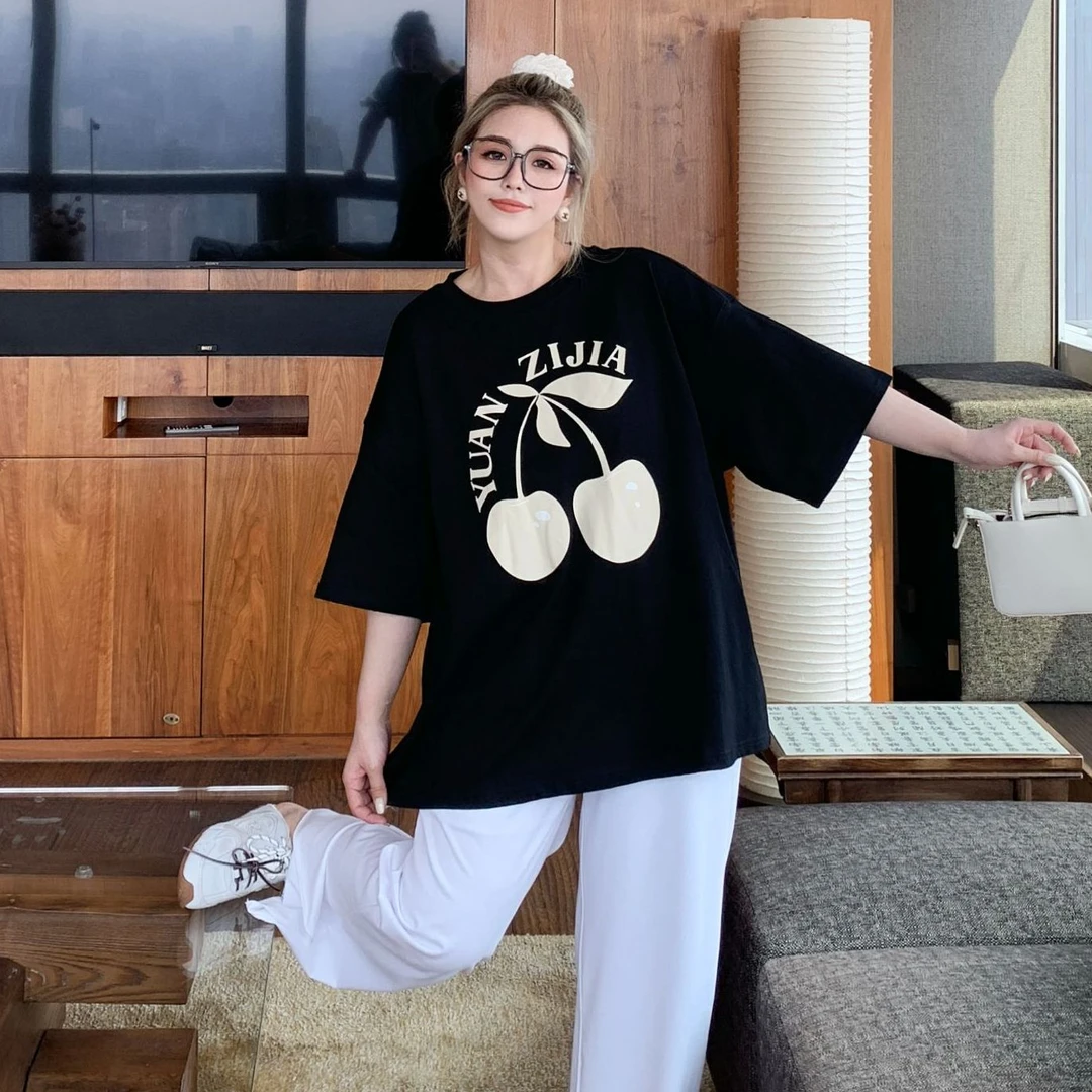 媛子大码樱桃印花T恤百搭春夏宽松显瘦胖mm韩版休闲时尚圆领上衣