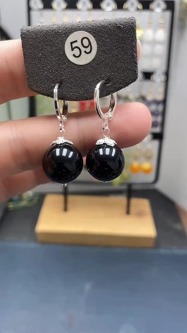 银S925镶嵌黑曜岩耳饰尺寸14mm耳扣单株