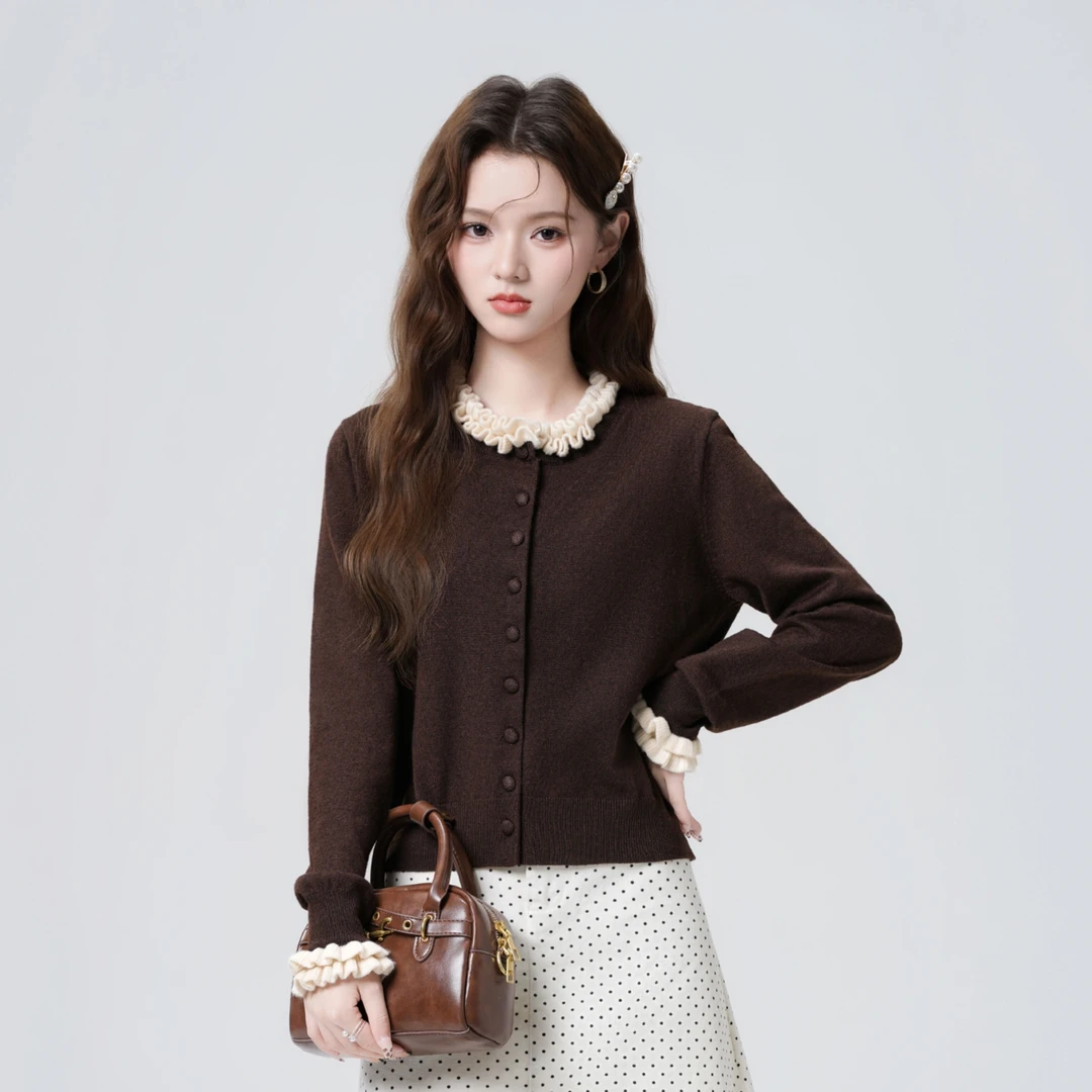复古咖色慵懒风针织开衫女2025秋冬新款木耳边拼接高级设计感上衣