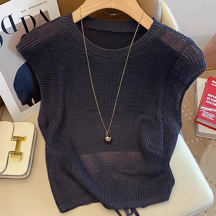 深灰色镂空露背针织短袖正肩t恤夏季修身小飞袖短款无袖冰丝上衣