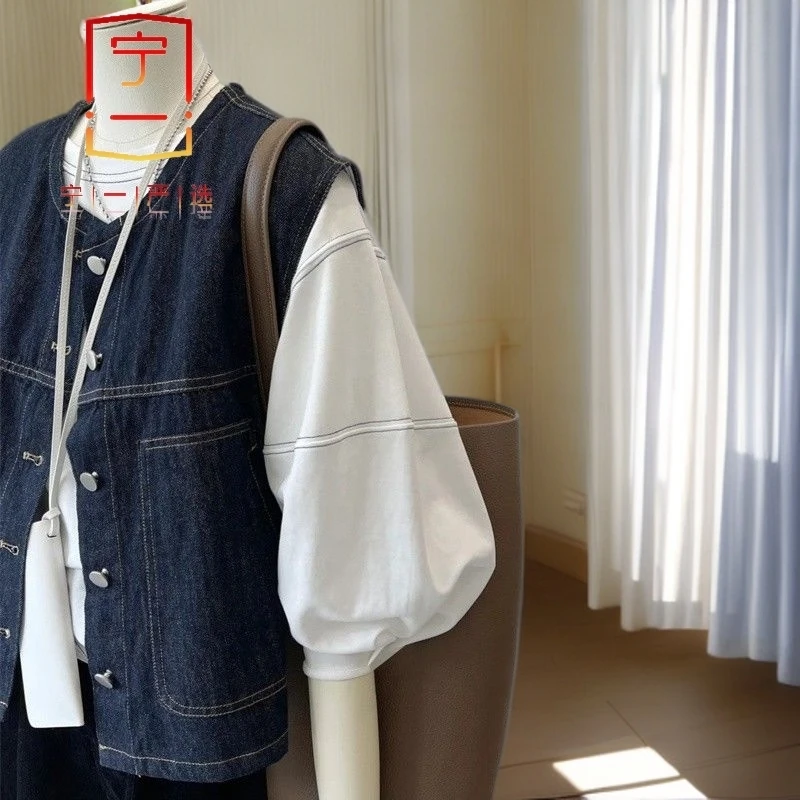 【宁一女装】时尚洋气显瘦港味复古叠穿外搭显瘦牛仔马甲休闲春夏新