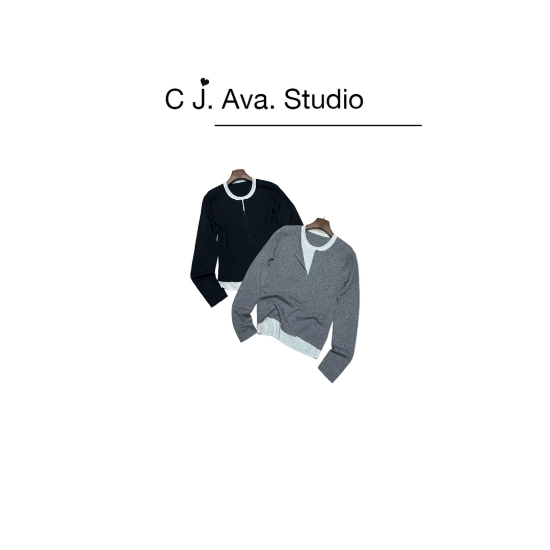 【CJ.Ava Studio】圆领拉链假两件撞色设计羊毛毛衣2226