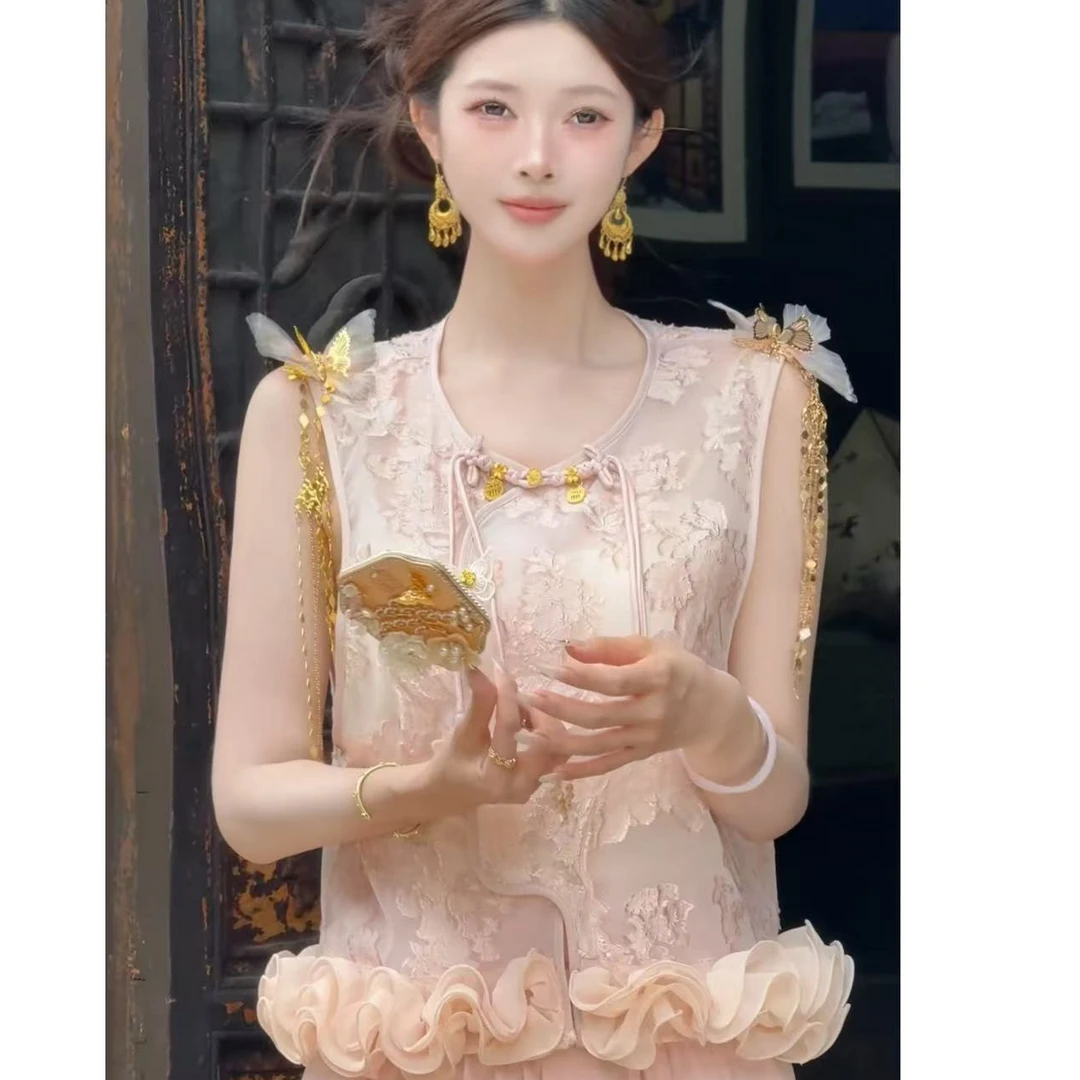 【婉婉定制】【庄周梦蝶】粉色马甲上衣预CDW5SY7761A气质新中式夏季