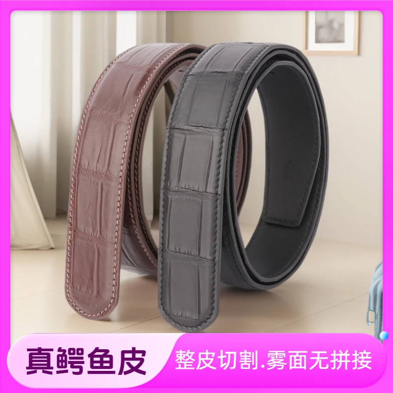 A级鳄鱼皮带男士油边蜡线雾面3.8扣平滑扣中青年无拼接哑光裤腰带