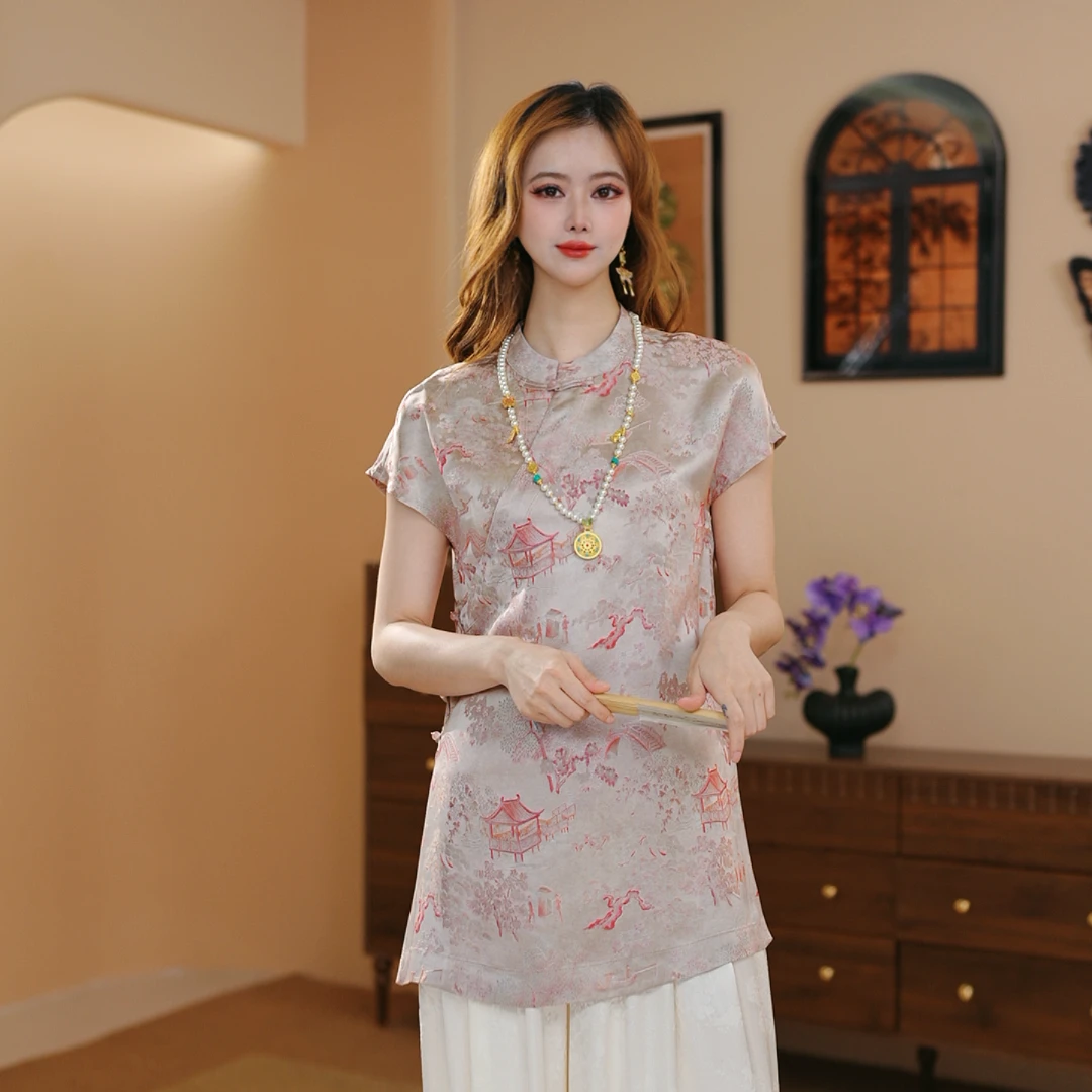 复古新中式百搭盘扣国风气质立领时尚上衣-桃源