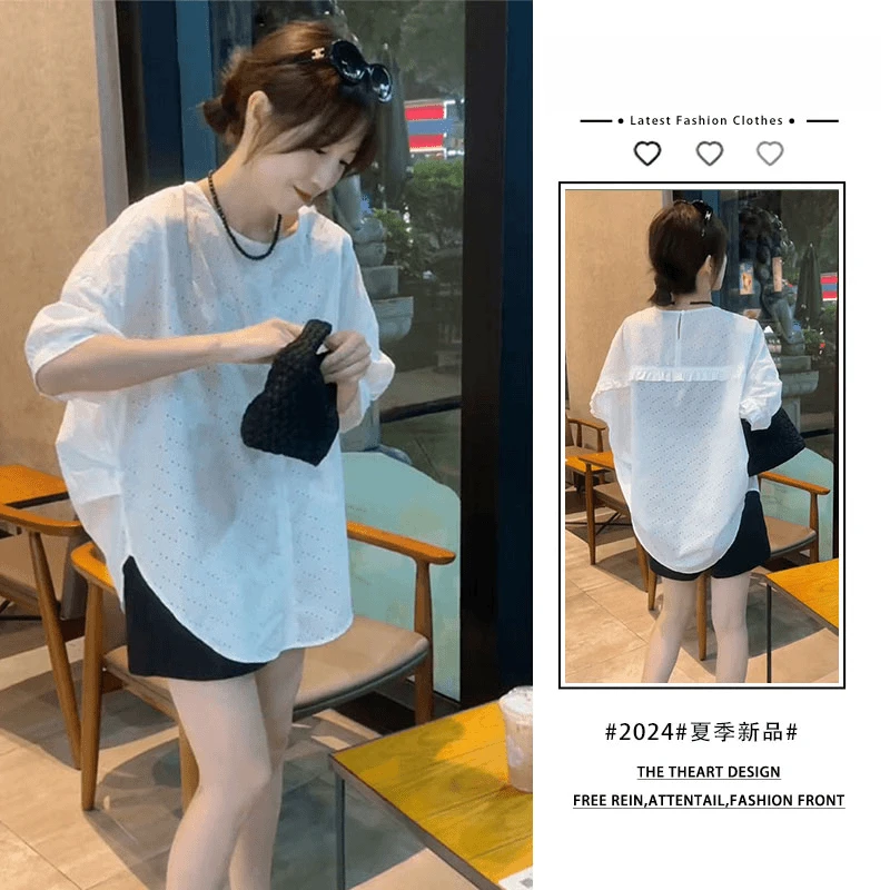 2024夏季新款显瘦减龄洞洞设计花边气质休闲衬衣休闲阔腿短裤套装