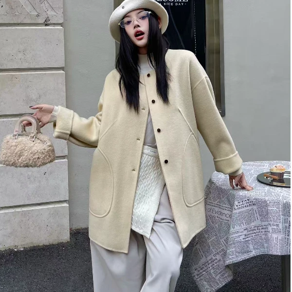 【CH】韩版秋冬气质中长款圆领一排扣时尚毛呢外套