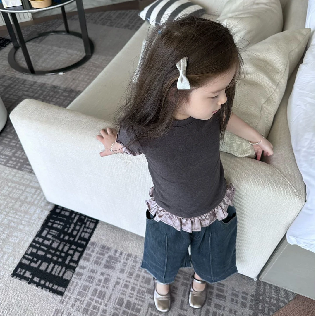 【现货】壹妈韩范童装女童套装夏季新款洋气女宝花边短袖蓝色牛仔裤