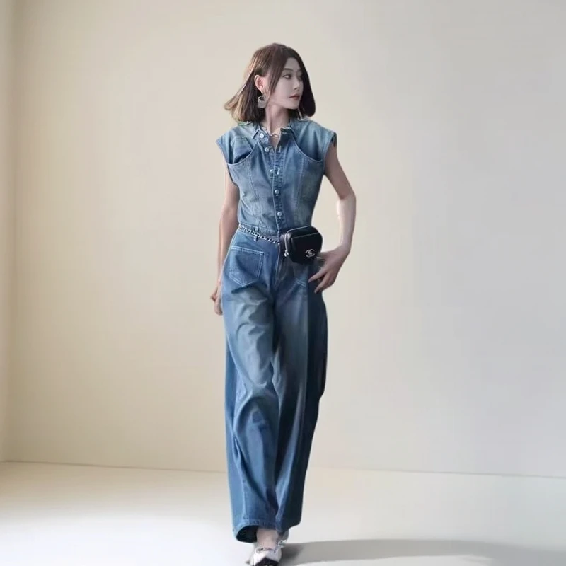 通勤风原创设计复古牛仔连体裤女夏季薄洋气时尚高腰无袖连衣长裤