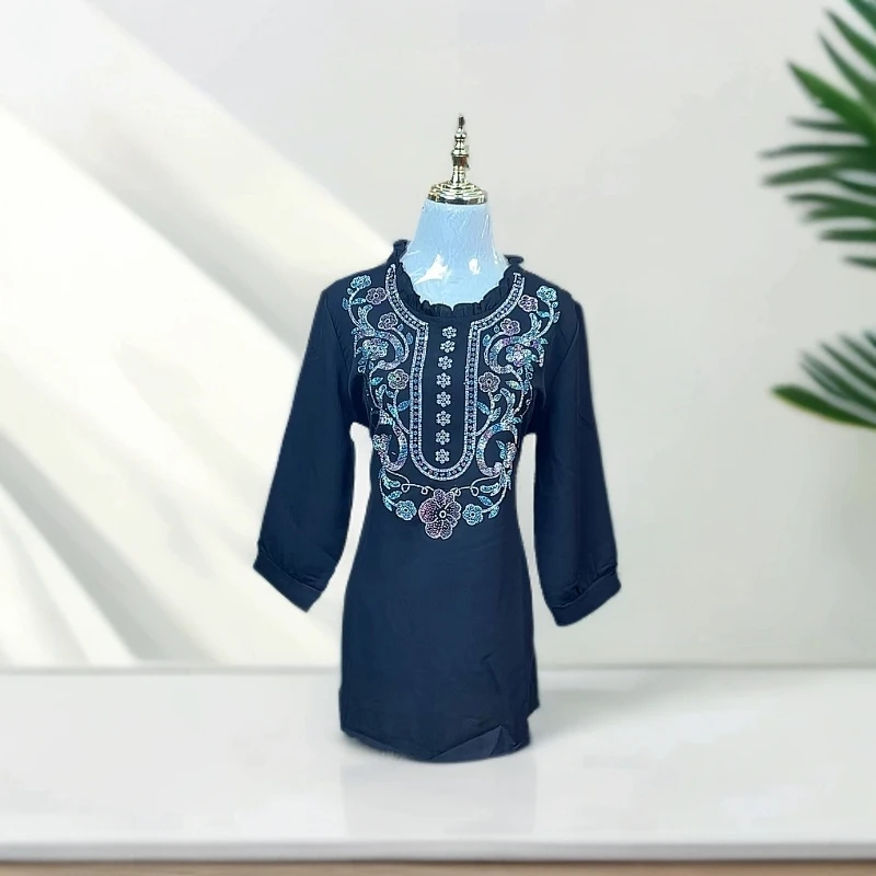 黑色夏季修身型民族风中式上衣中长款民族服女装复古刺绣衬衫