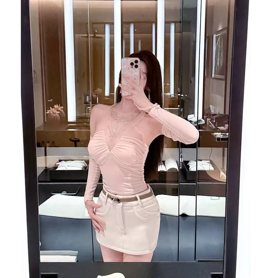 睿夕【娇嗲美人】拼接挂脖网纱褶皱V领露肩袖套修身纯欲上衣