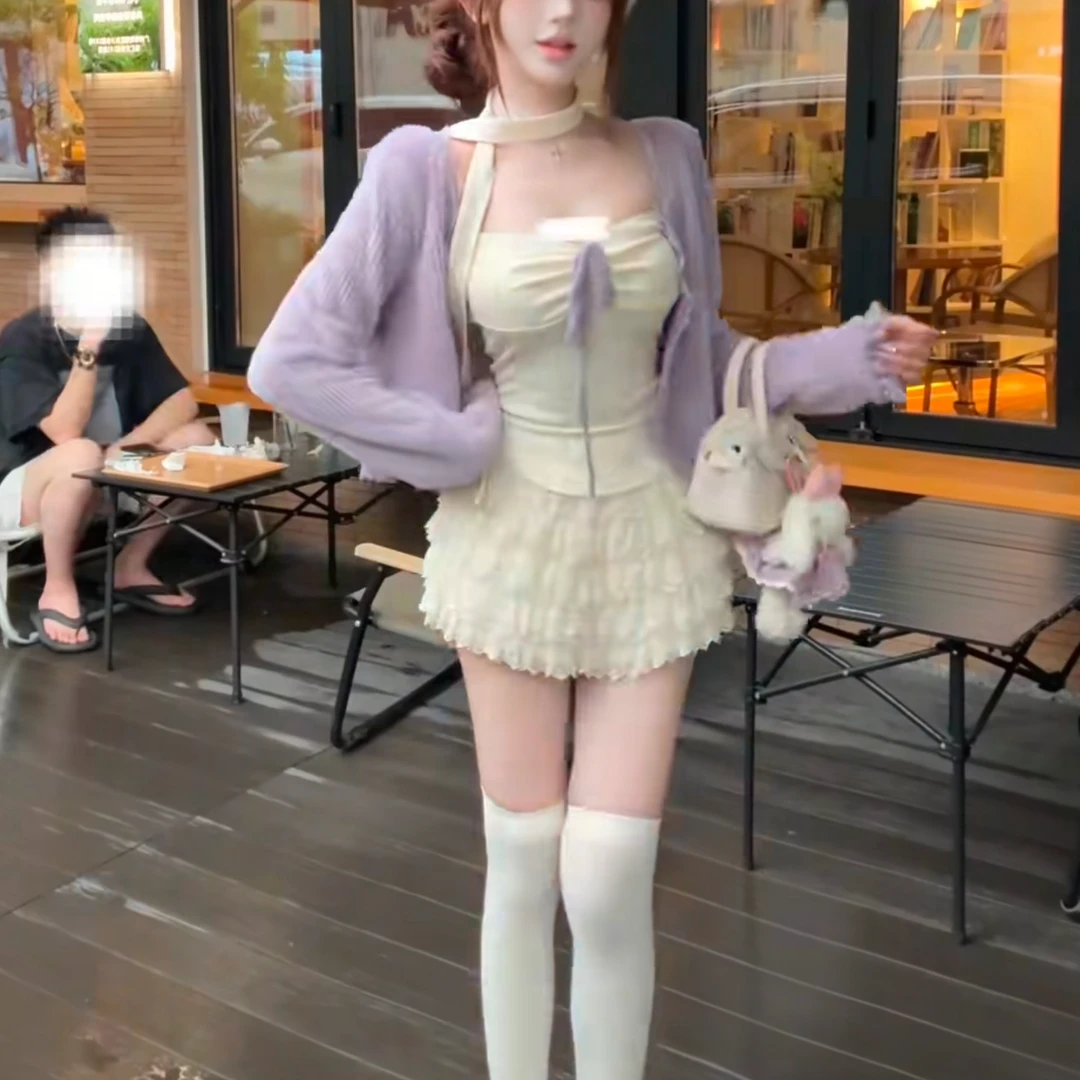 纯欲辣妹学院风JK制服套装秋季新款碎花吊带开衫蛋糕短裙三件套女