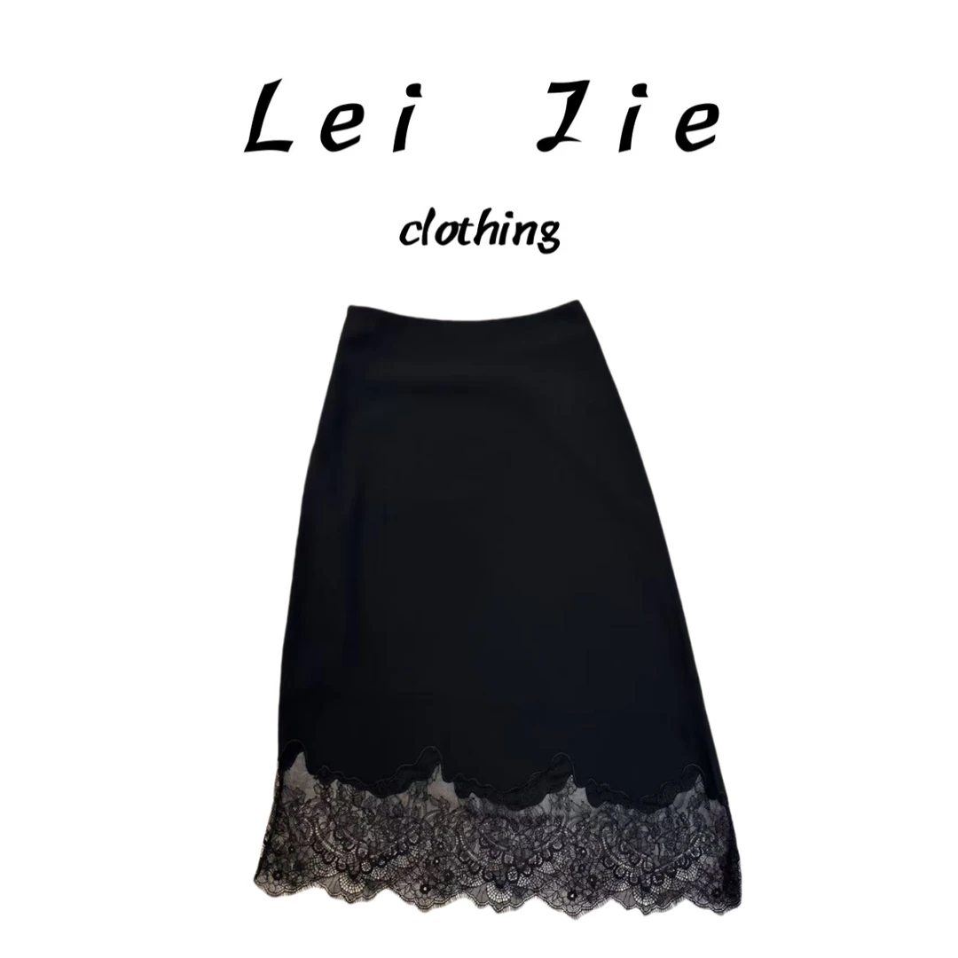 【Lei Jie】100%醋酸拼蕾丝斜角半身裙564