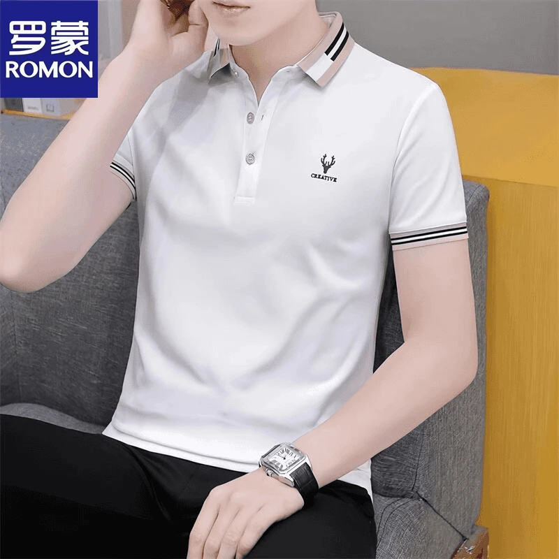 Romon/罗蒙男士翻领休闲短袖Polo衫夏季潮流恤上衣修身半袖T恤