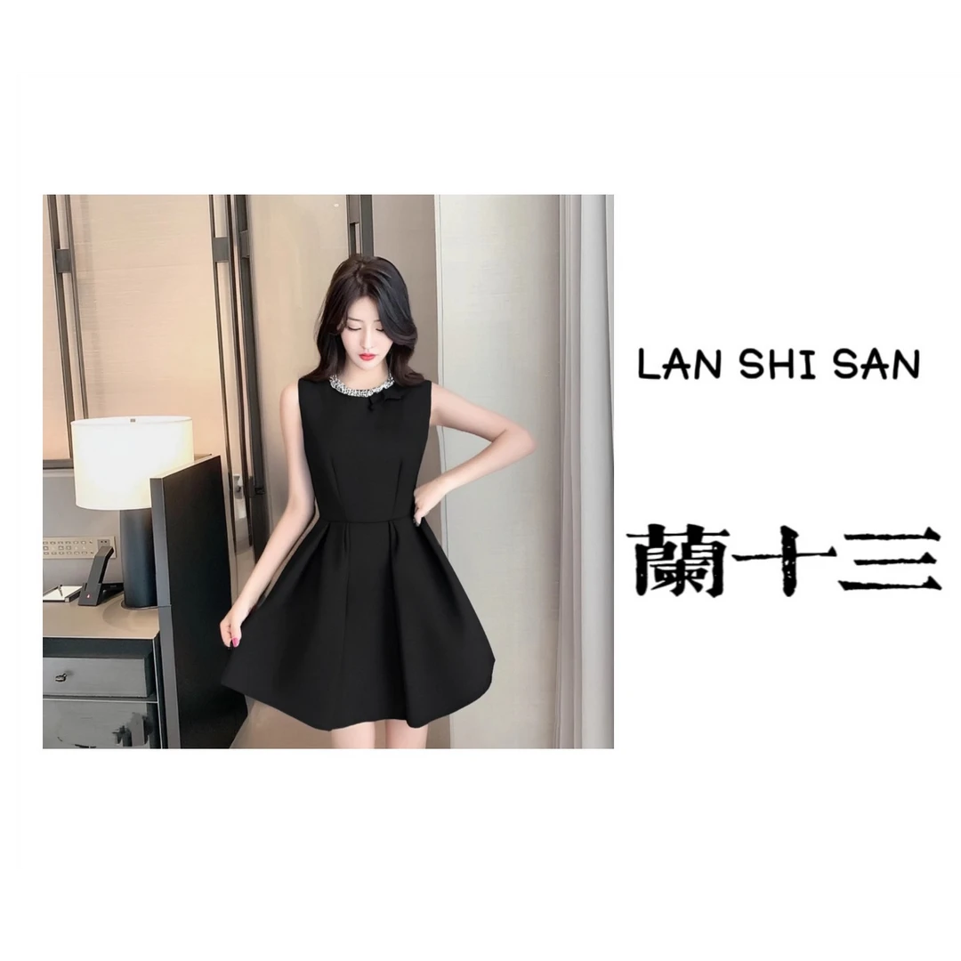 法式珍珠领赫本风蝴蝶结背心女气质千金无袖小黑裙礼服裙子D3047