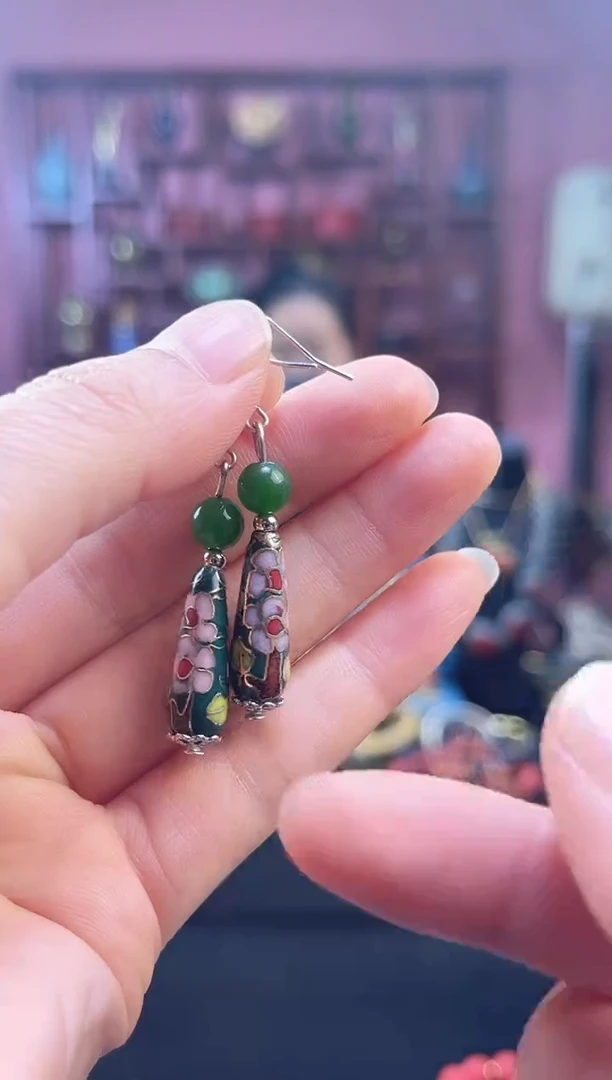 非遗 景泰蓝耳饰 绿色 水滴