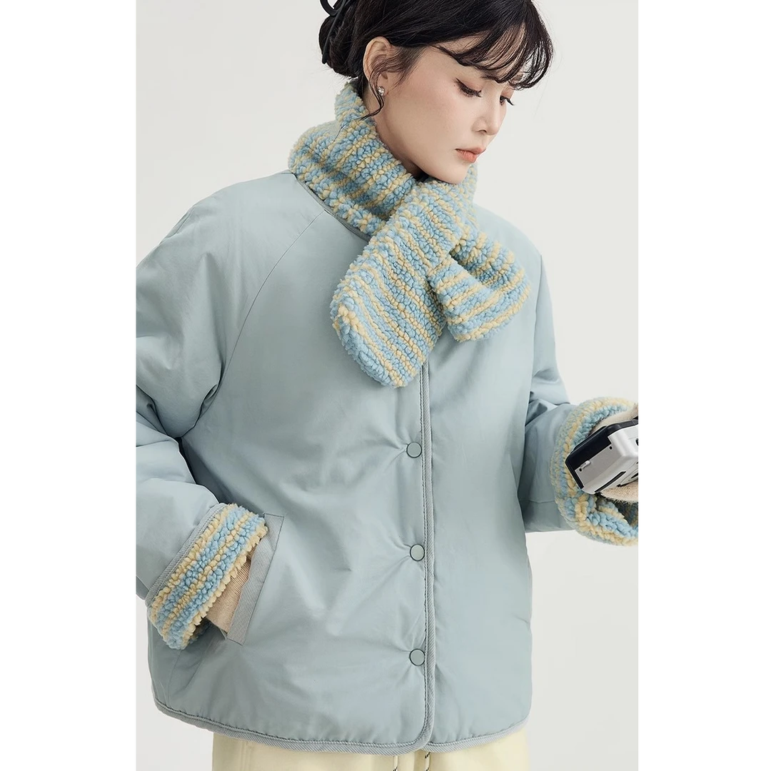 GUIER/桂儿两面穿拼接外套女撞色条纹百搭毛绒保暖开衫上衣XH5189