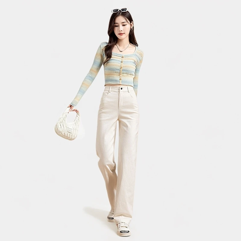 YANPING/燕苹春秋修身高腰宽松水洗棉显瘦阔腿直筒牛仔裤W9636
