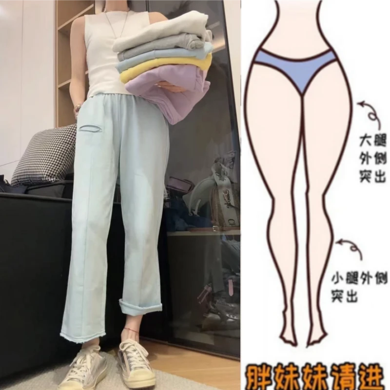 暖暖家2025早秋新款大码女装高腰直筒裤小个子显瘦八分休闲阔腿裤