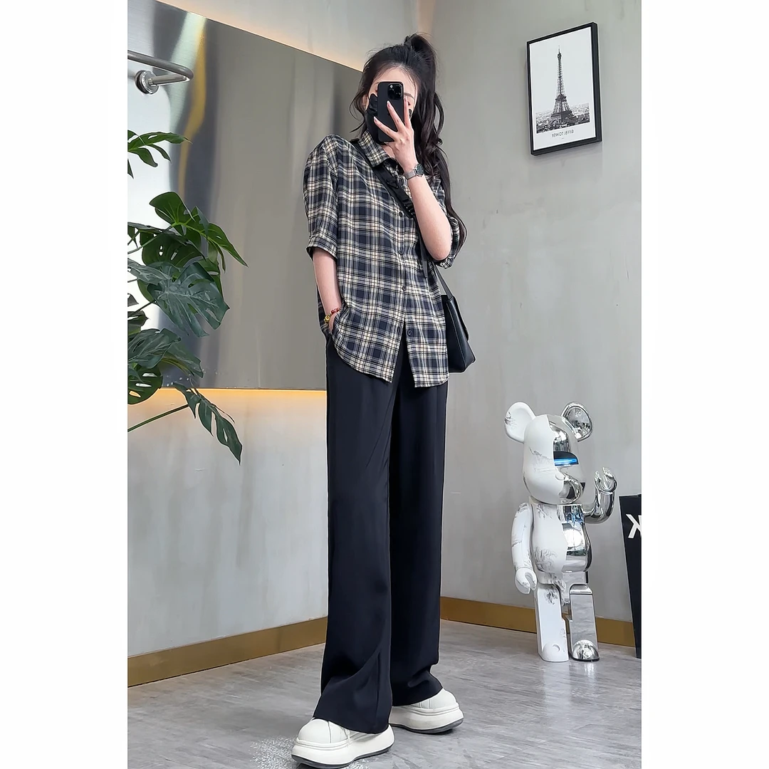 夏季新款男士薄款透气复古短袖衬衫痞帅五分袖垂感宽松潮流衬衣