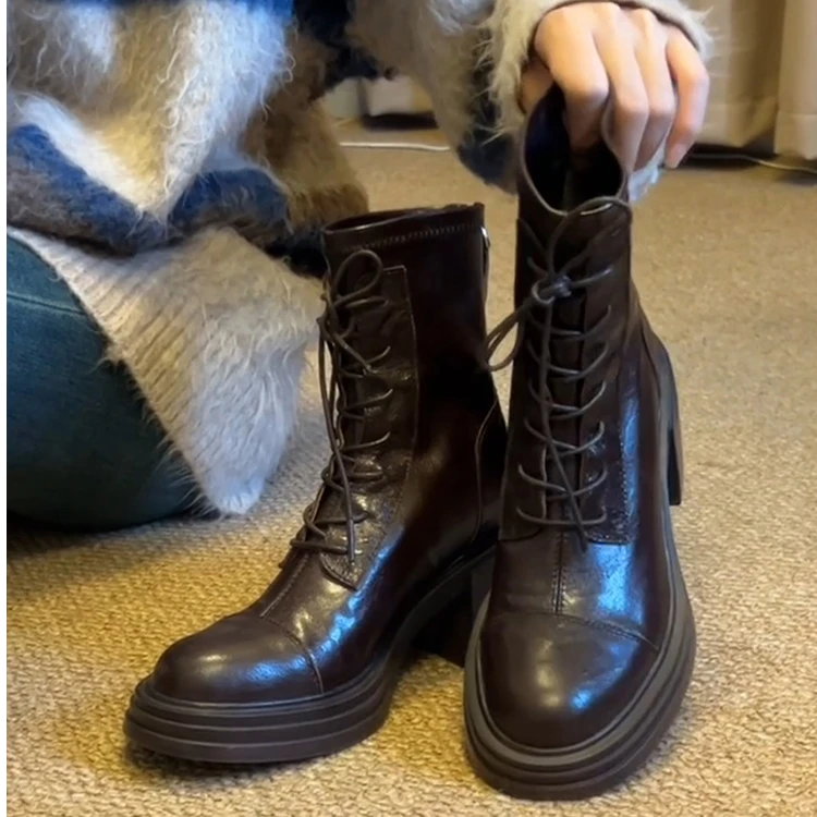 羊皮版静音底手抓纹软羊皮马丁靴女瘦瘦靴秋冬弹力软底体制内粗跟