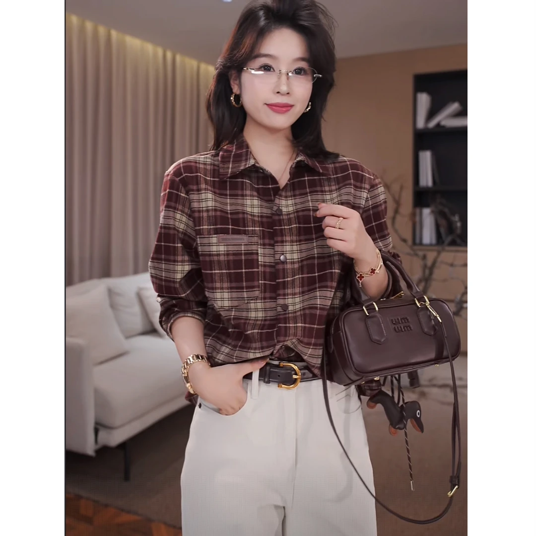 广州琴姐【画境咖迹】琥珀流光风复古港风长袖格子衬衫女秋款35768