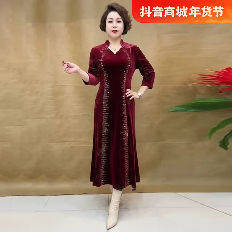 专柜品质秋冬妈妈镶钻时尚气质旗袍连衣裙丝绒洋气阔太太洋气长裙