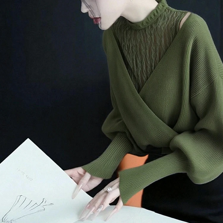 小众设计感绿色蕾丝拼接针织衫女2025秋季气质高级感百搭显瘦毛衣