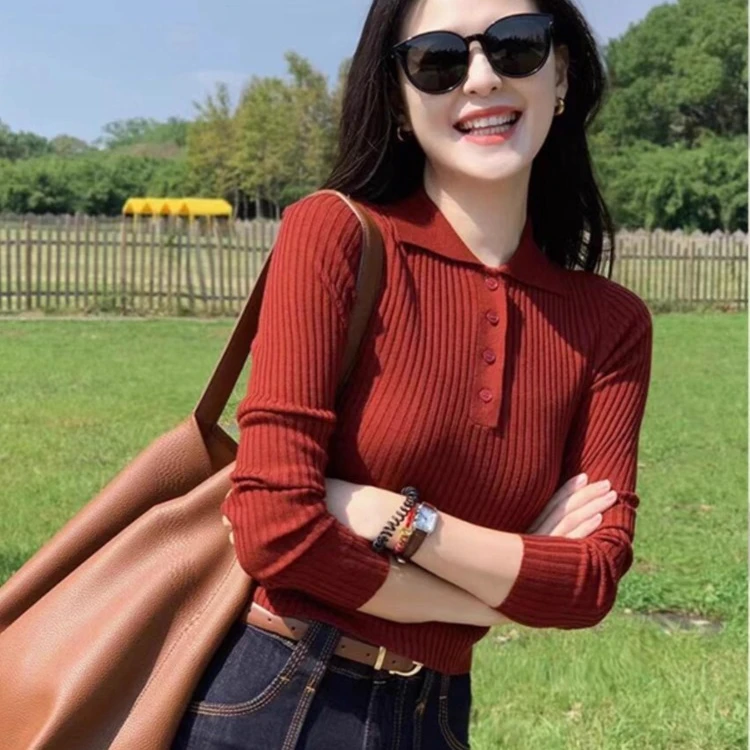 2025新款法式长袖针织打底衫女装秋冬季时尚小个子短款Polo领上衣