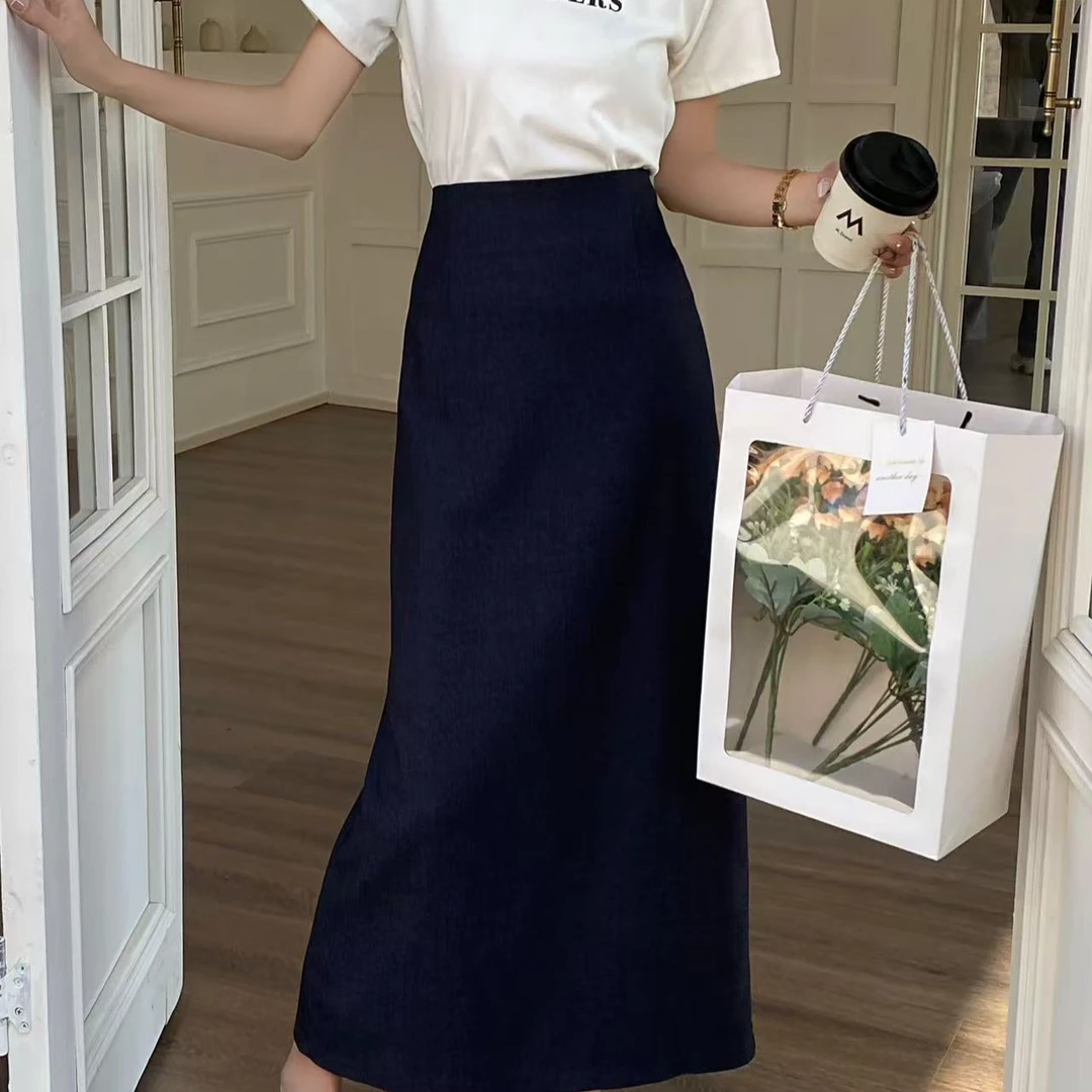 巨好穿牛仔高腰后开叉半身裙女新款a字中长款牛仔裙新款9056