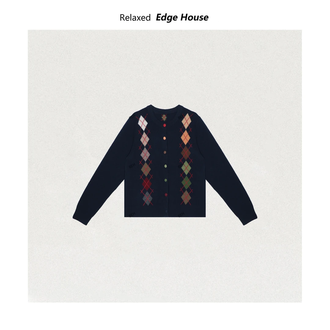 【呵呵家】七彩斑斓  25FW 100羊毛撞色菱格羊毛针织衫显瘦开衫