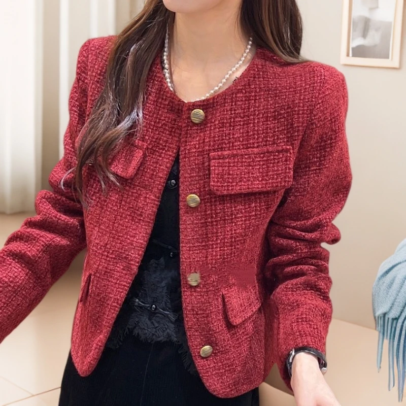 法式气质红色圆领长袖小香风外套女秋季新款洋气宽松百搭外穿上衣