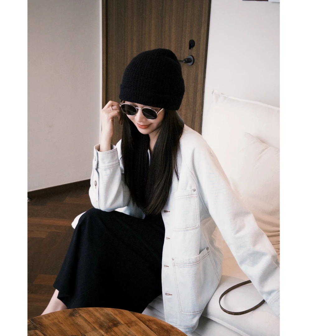 希娜 美式复古翻领牛仔外套-黑标牛仔