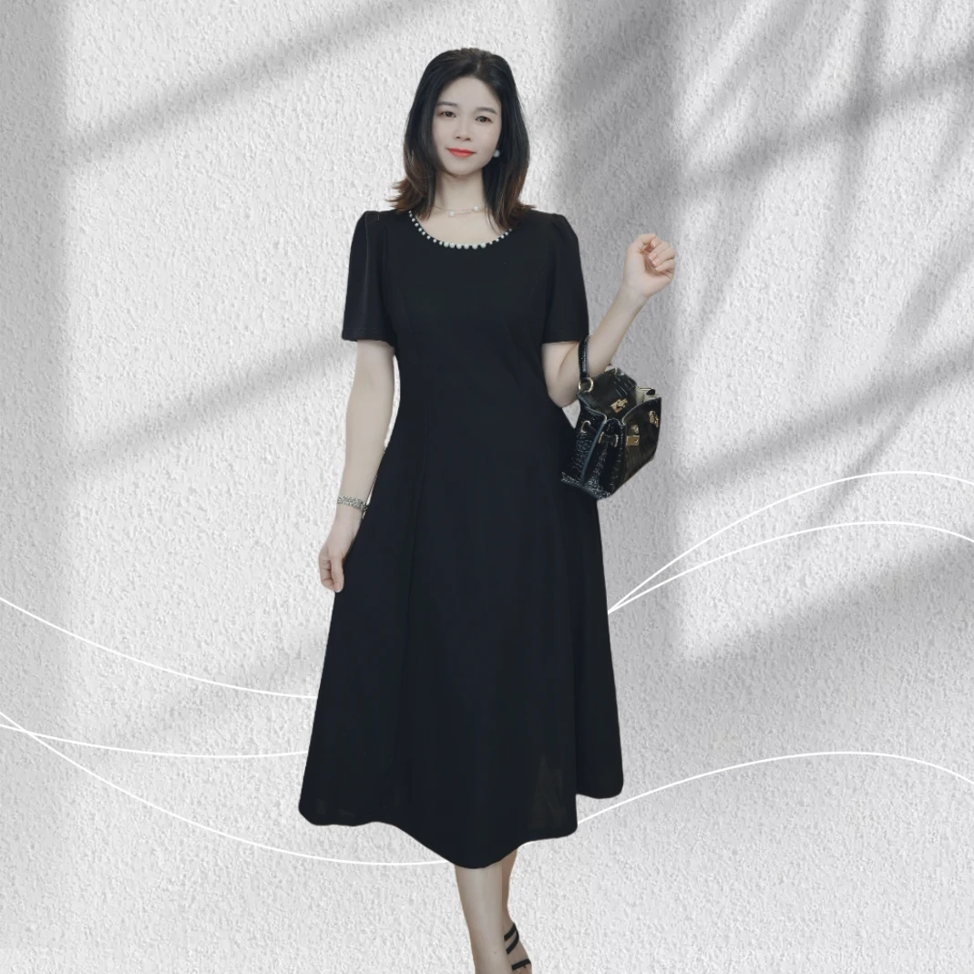 法式夏季短袖时尚收腰长裙简约小黑连衣裙气质连衣裙时尚显瘦