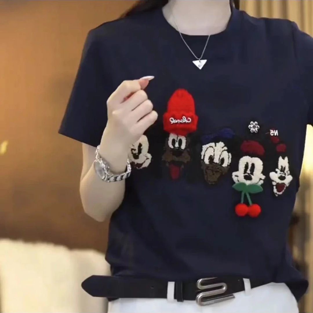 戴帽米奇卡通印花T恤女2025新爆款夏季圆领短袖潮流休闲上衣显瘦