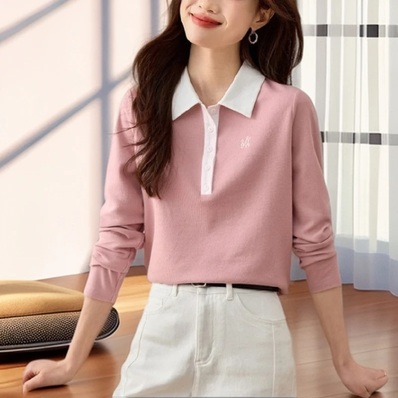 【雅岚女装】时尚洋气显瘦撞色拼接翻领长袖T恤女春新款通勤轻休闲