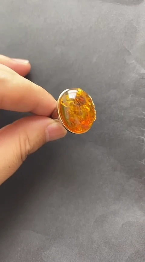 银S925镶嵌琥珀裸石花珀戒指